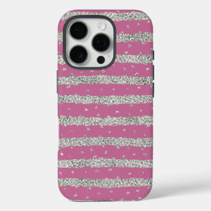Pink Silver Sparkly Confetti Stripes iPhone 16 Pro Case