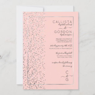 Pink Silver Sparkly Glitter Confetti Side Wedding Invitation