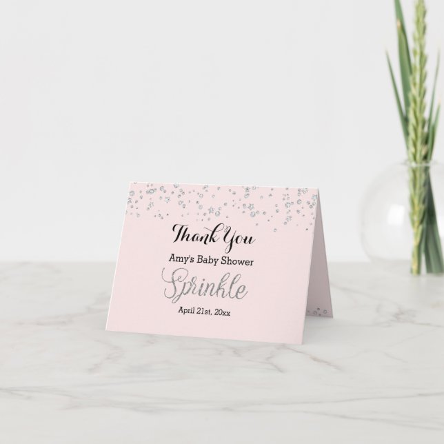Pink Silver Sprinkle Baby Shower Thank You Card (Front)