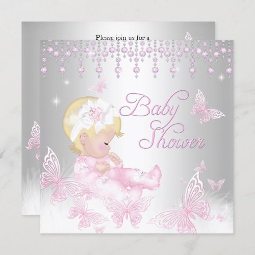 Pink Silver Sprinkle Butterfly Baby Shower Blonde Invitation