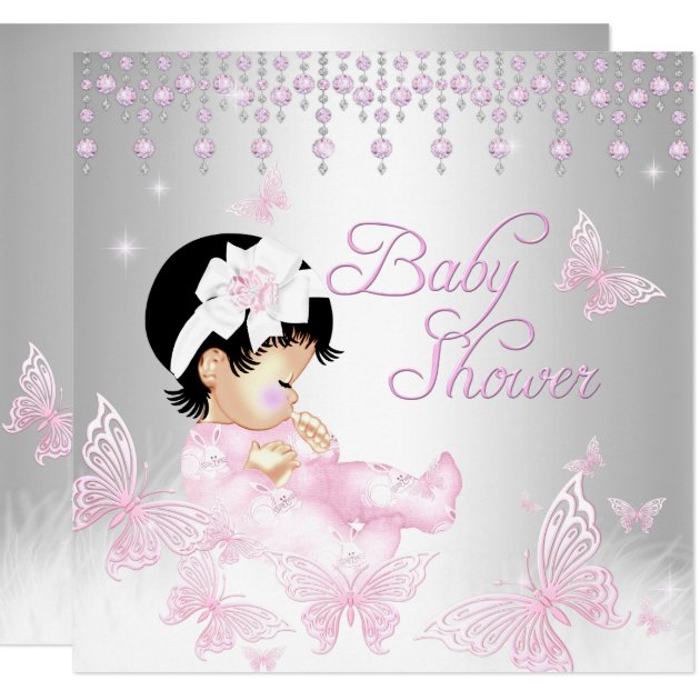 Pink Silver Sprinkle Butterfly Baby Shower Invitation