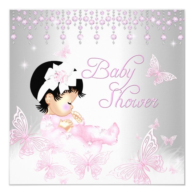Pink Silver Sprinkle Butterfly Baby Shower Invitation