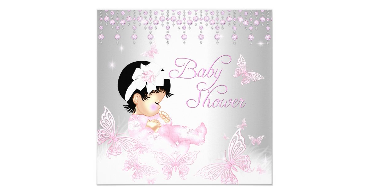 Pink Silver Sprinkle Butterfly Baby Shower Invitation