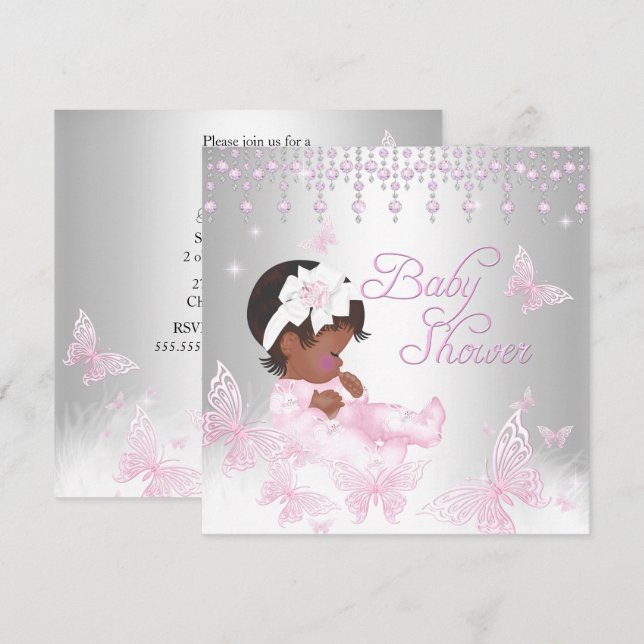 Pink Silver Sprinkle Butterfly Baby Shower Ethnic Invitation (Front/Back)