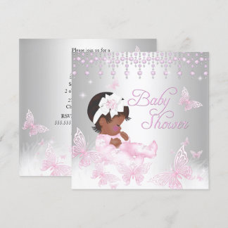 Pink Silver Sprinkle Butterfly Baby Shower Ethnic Invitation