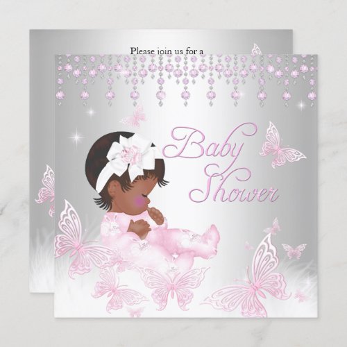 Pink Silver Sprinkle Butterfly Baby Shower Ethnic Invitation