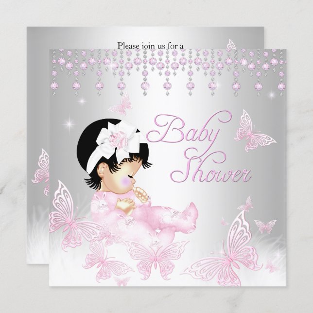Pink Silver Sprinkle Butterfly Baby Shower Invitation (Front/Back)