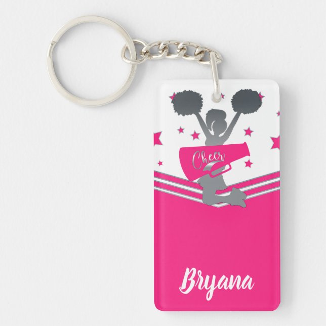 Pink Silver Stars Cheer-leading Personalized Name Keychain (Front)