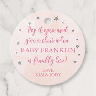 Pink & Silver Stars Pop It Open Mini Champagne Favor Tags