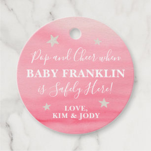 Pink & Silver Stars Pop It When She Pops Champagne Favor Tags