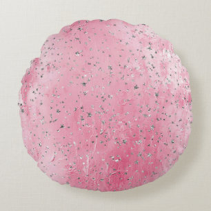 Pink Silver Stars   Round Pillow