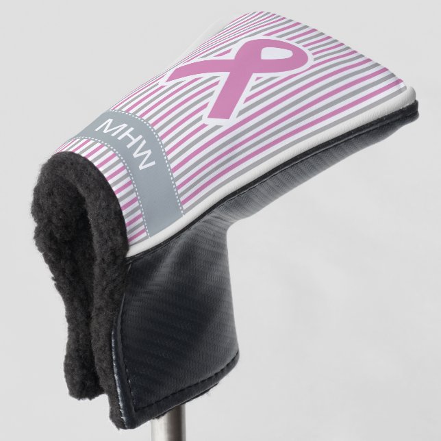 Pink & Silver Stripes custom monogram putter cover (3/4 Front)