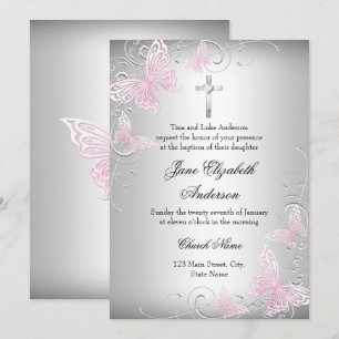 Pink Silver Swirl Butterfly Cross Baptism Invite