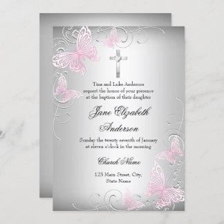 Pink Silver Swirl Butterfly Cross Baptism Invite