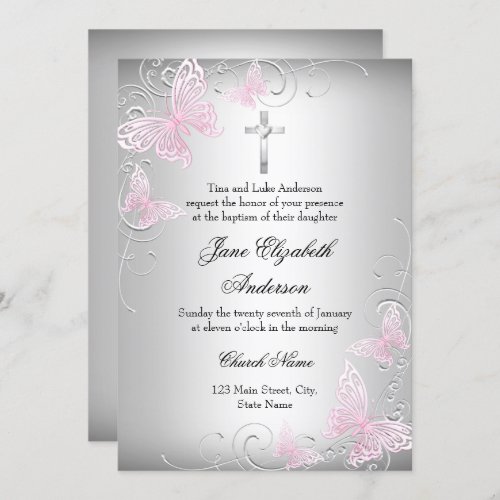 Pink Silver Swirl Butterfly Cross Baptism Invite