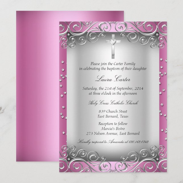 Pink Silver Swirl & Cross Baptism/Christening Invitation (Front/Back)