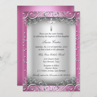Pink Silver Swirl & Cross Baptism/Christening Invitation