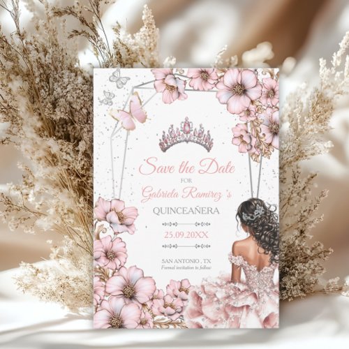 Pink Silver Tiara Butterfly Quinceañera Save The Date