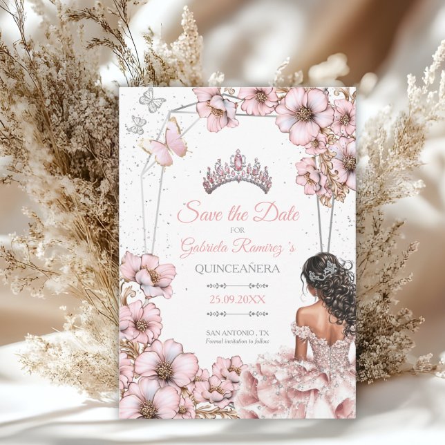 Pink Silver Tiara Butterfly Quinceañera Save The Date (Creator Uploaded)