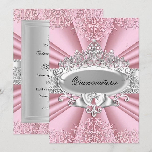 Pink/Silver Tiara & Damask Quinceanera 15th Party Invitation (Front/Back)