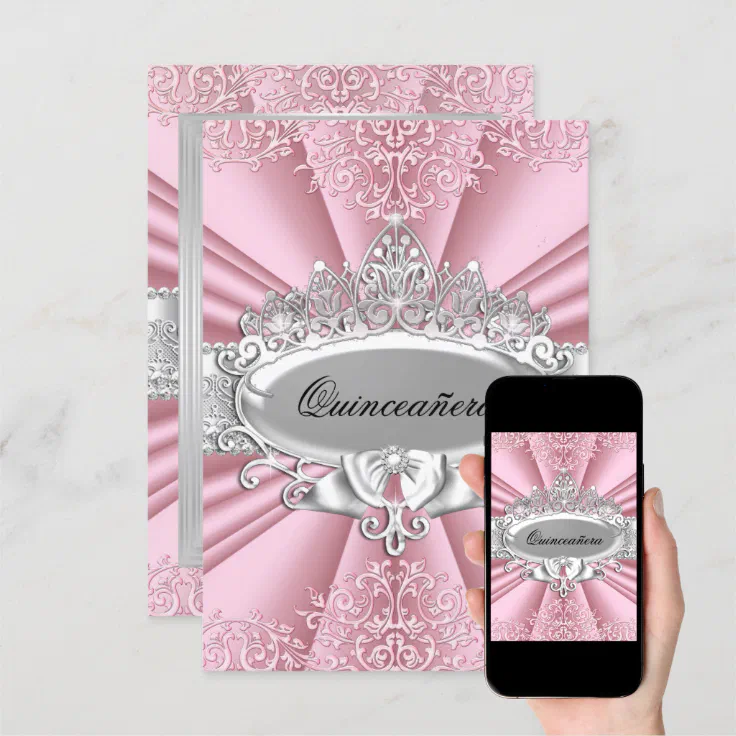Pink Silver Tiara And Damask Quinceanera 15th Party Invitation Zazzle