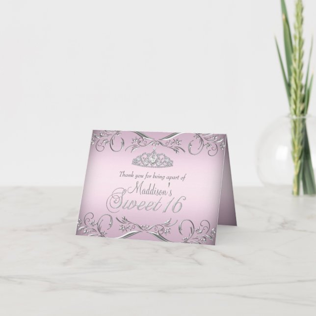 Pink & Silver Tiara Sweet 16 Thank You Card (Front)