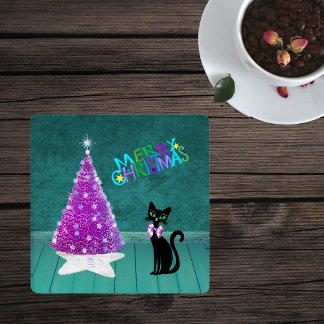 Pink Silver Tree Black Cat Merry Christmas Teal Coaster Set