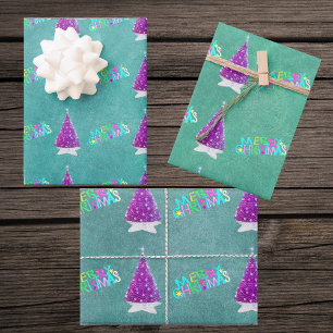 Pink Silver Trees Colourful Merry Christmas Text Wrapping Paper Sheets