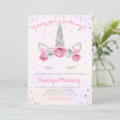 Pink Silver Unicorn Face Baby Shower Invitation (Standing Front)