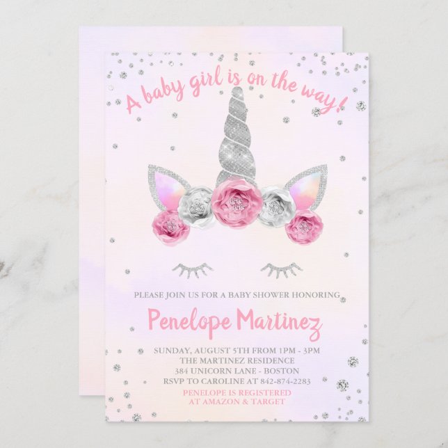 Pink Silver Unicorn Face Baby Shower Invitation (Front/Back)