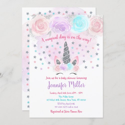Pink  Silver Unicorn Magical Baby Shower Invitation