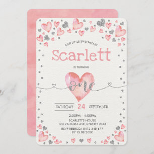 Pink Silver Valentines Sweetheart 1st Birthday Invitation