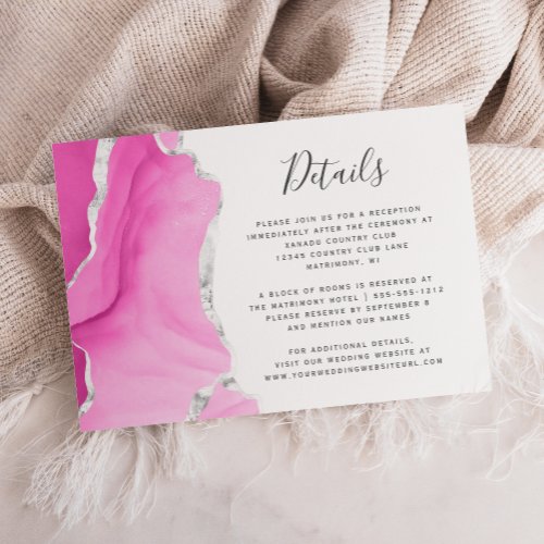 Pink Silver Watercolor Agate Wedding Details Enclosure Card