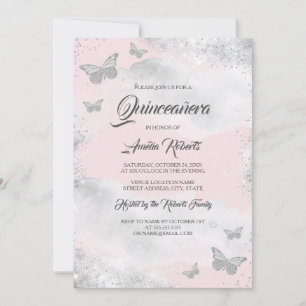 Pink Silver Watercolor Butterfly Dress Quinceanera Invitation