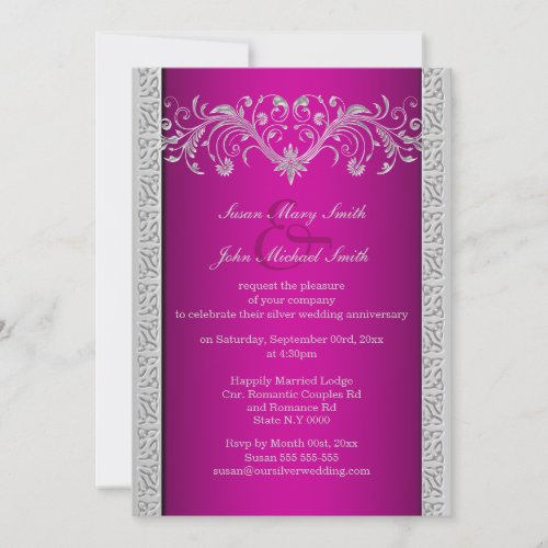 Pink silver wedding anniversary floral invitation