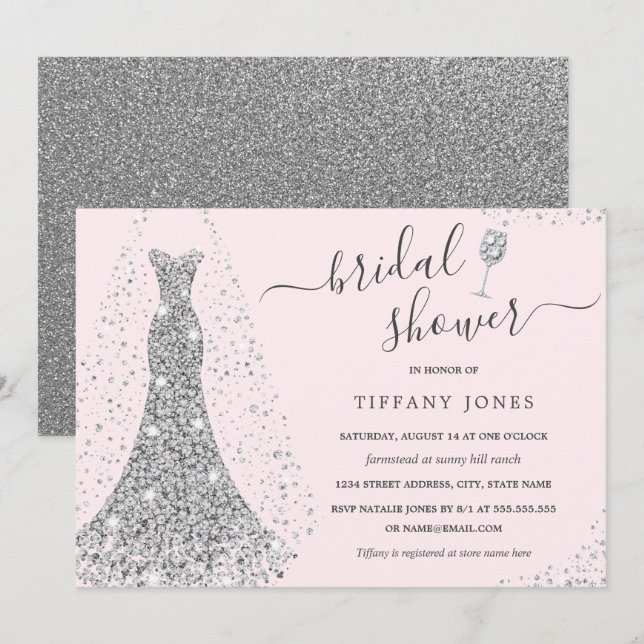 Pink Silver Wedding Dress Sparkle Bridal Shower  Invitation (Front/Back)