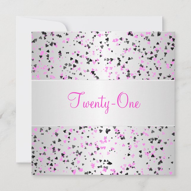 Pink Silver White Black Love Hearts 21st Birthday Invitation (Front)