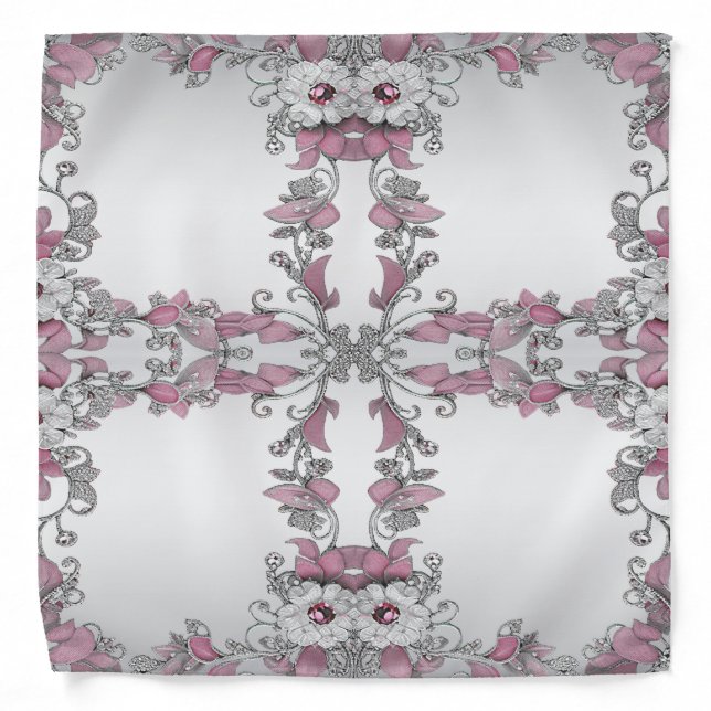 Pink Silver White Floral Bandana (Front)