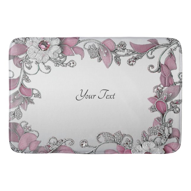 Pink Silver White Floral Bath Mat (Front)