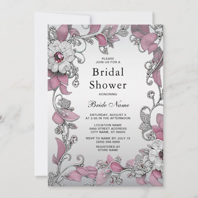 Pink Silver White Floral Bridal Shower Invitation (Front)