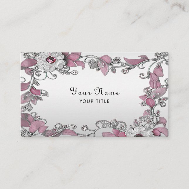Pink Silver White Floral Business Card (Front)
