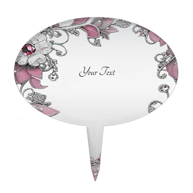 Pink Silver White Floral Cake Topper (Front)