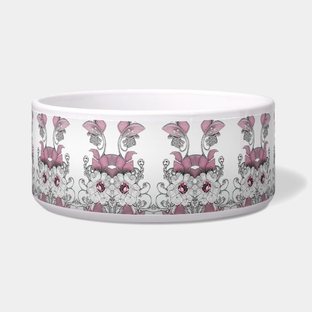 Pink Silver White Floral Ceramic Pet Bowl (Front)