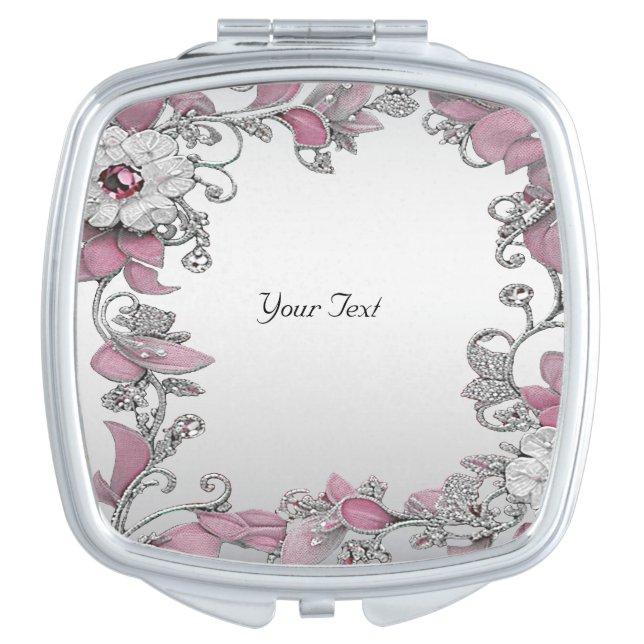 Pink Silver White Floral Compact Mirror (Front)