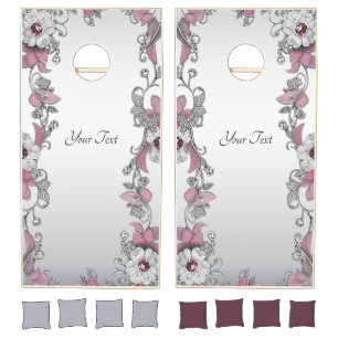 Pink Silver White Floral Cornhole Set