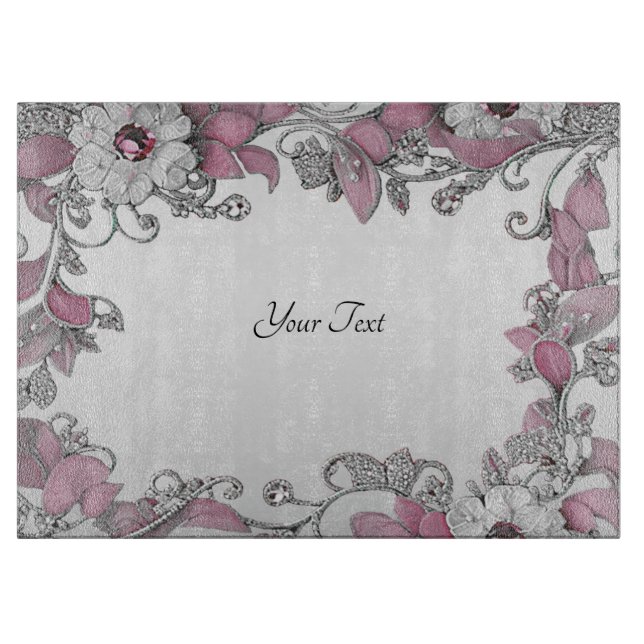 Pink Silver White Floral Cutting Board (Front)