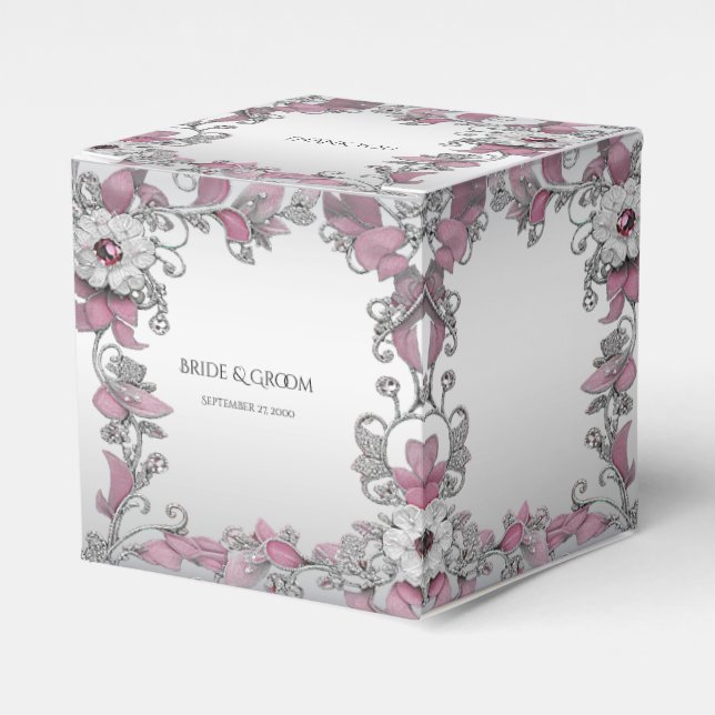 Pink Silver White Floral Favor Box (Front Side)