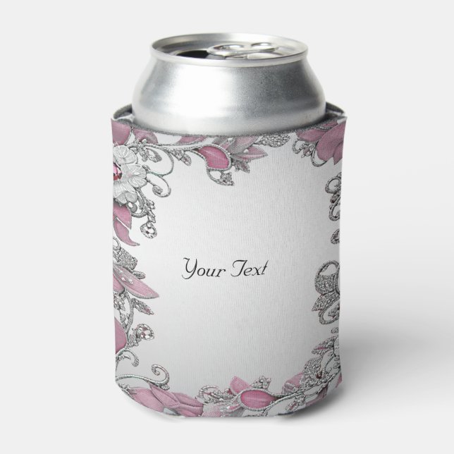 Pink Silver White Floral Favor Can Cooler (Can Front)