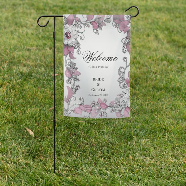 Pink Silver White Floral Garden Flag (In SItu)