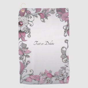 Pink Silver White Floral Golf Towel